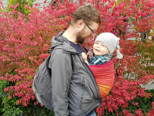 Man carrying a laughing toddler in a sling